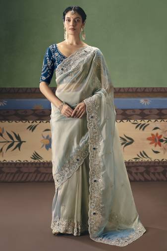 light blue elegant fancy saree with designer embroidery, sequins, stones & pearl work with matching blouse