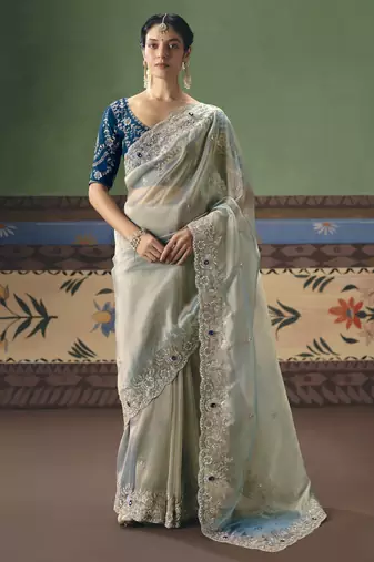 light blue elegant fancy saree with designer embroidery, sequins, stones & pearl work with matching blouse