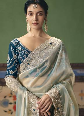 light blue elegant fancy saree with embroidery sequins stones & pearl work with matching blouse 2
