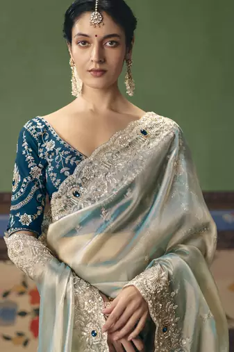 light blue elegant fancy saree with embroidery sequins stones & pearl work with matching blouse
