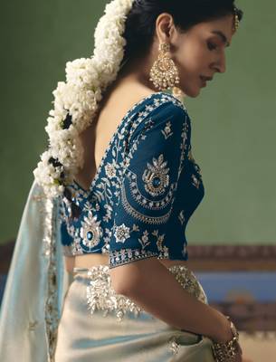 light blue elegant fancy saree with embroidery sequins stones & pearl work with matching blouse 3