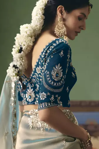 light blue elegant fancy saree with embroidery sequins stones & pearl work with matching blouse
