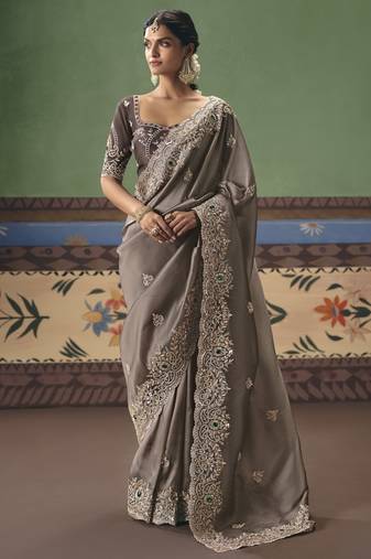 brown elegant fancy saree with designer embroidery, sequins, stones & pearl work with matching blouse