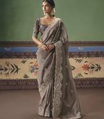 brown elegant fancy saree with designer embroidery, sequins, stones & pearl work with matching blouse