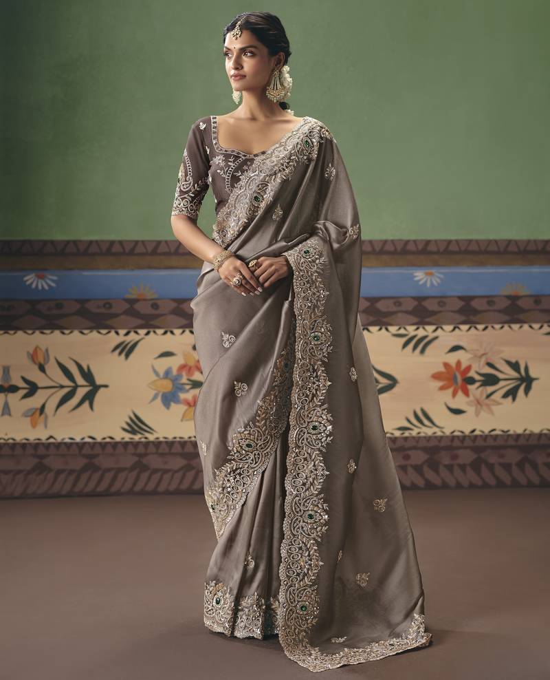 brown elegant fancy saree with designer embroidery, sequins, stones & pearl work with matching blouse
