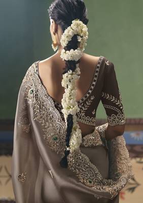 brown elegant fancy saree with embroidery sequins stones & pearl work with matching blouse 2