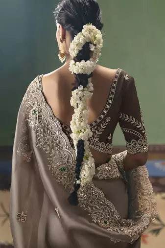 brown elegant fancy saree with embroidery sequins stones & pearl work with matching blouse