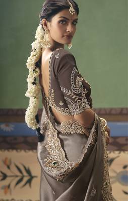 brown elegant fancy saree with embroidery sequins stones & pearl work with matching blouse 3