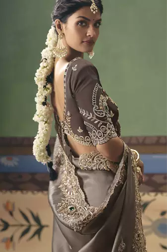 brown elegant fancy saree with embroidery sequins stones & pearl work with matching blouse