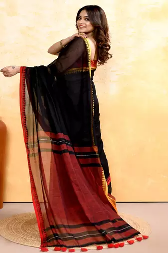 Women's black embellished handloom cotton saree