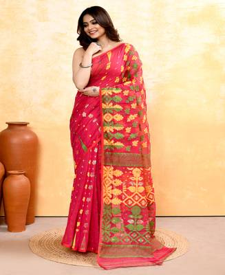 Women's red embellished cotton blend jamdani saree 4