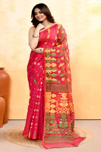 Women's red embellished cotton blend jamdani saree