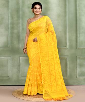 Women's yellow embellished cotton blend jamdani saree 2