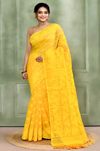 Women's yellow embellished cotton blend jamdani saree