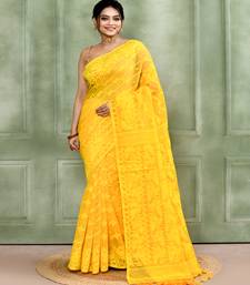 Women's yellow embellished cotton blend jamdani saree