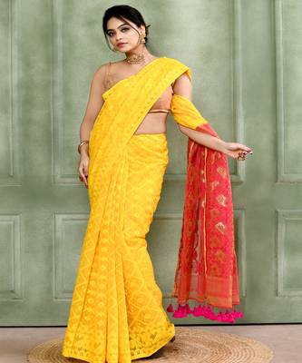Women's yellow embellished cotton blend jamdani saree 4