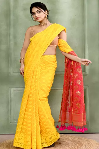 Women's yellow embellished cotton blend jamdani saree