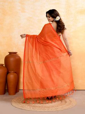 orange embellished cotton blend zari check handloom saree 5