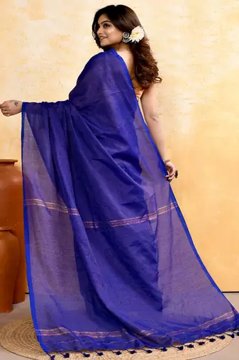 royel blue embellished cotton blend zari check handloom saree