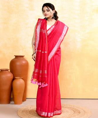 rani pink embellished cotton blend zari border handloom saree 5