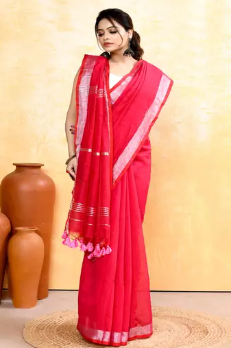 rani pink embellished cotton blend zari border handloom saree