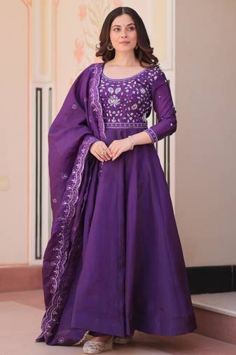 Purple gold crush beads embroidered work flared gown with heavy dupatta