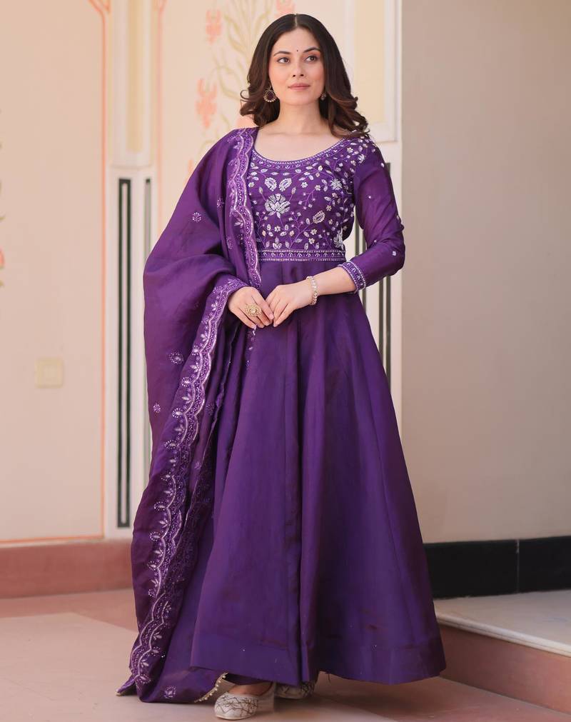 Purple gold crush beads embroidered work flared gown with heavy dupatta