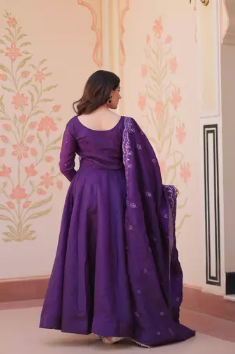 Purple gold crush beads embroidered work flared gown with heavy dupatta