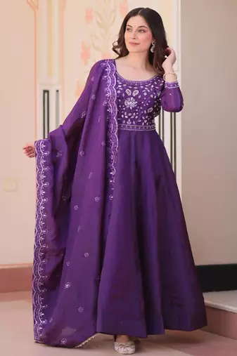 Purple gold crush beads embroidered work flared gown with heavy dupatta
