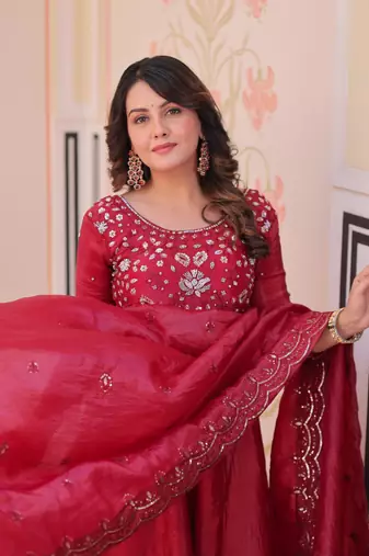 Maroon gold crush beads embroidered work flared gown with heavy dupatta