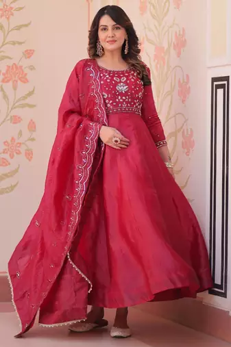 Maroon gold crush beads embroidered work flared gown with heavy dupatta