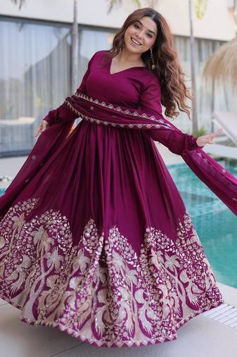 Wine rangoli crush sequins multi embroidered flared gown with heavy dupatta