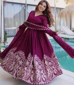 Wine rangoli crush sequins multi embroidered flared gown with heavy dupatta