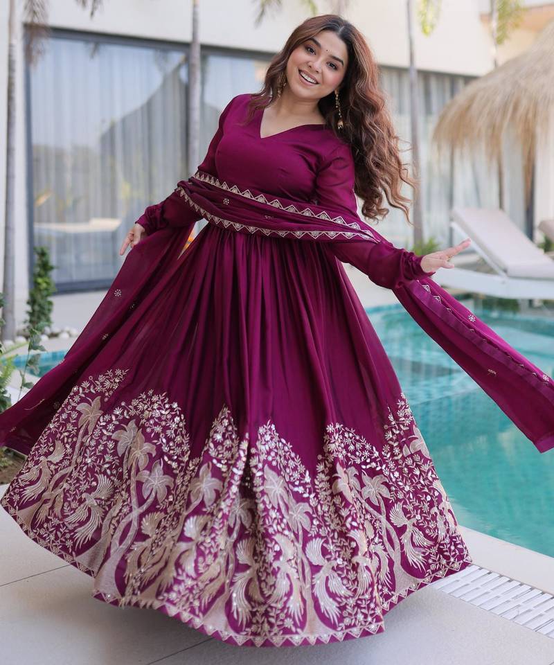 Wine rangoli crush sequins multi embroidered flared gown with heavy dupatta