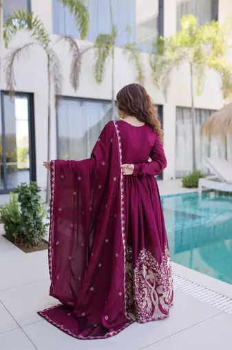 Wine rangoli crush sequins multi embroidered flared gown with heavy dupatta