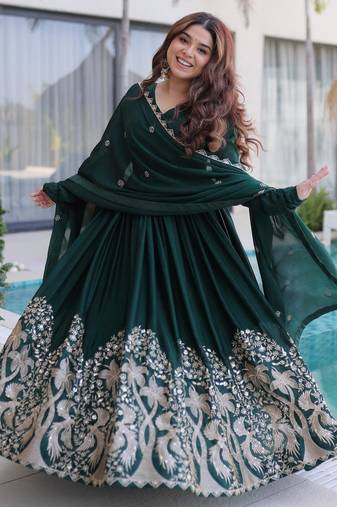 Green rangoli crush sequins multi embroidered flared gown with heavy dupatta