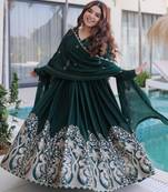 Green rangoli crush sequins multi embroidered flared gown with heavy dupatta
