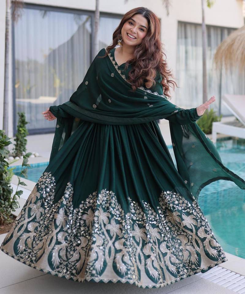 Green rangoli crush sequins multi embroidered flared gown with heavy dupatta