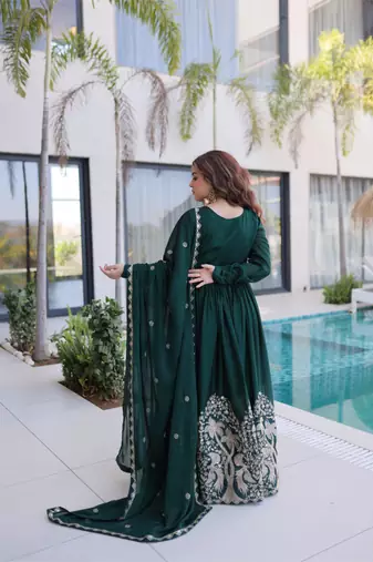 Green rangoli crush sequins multi embroidered flared gown with heavy dupatta