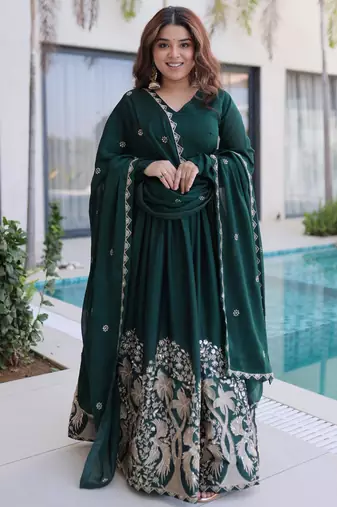 Green rangoli crush sequins multi embroidered flared gown with heavy dupatta