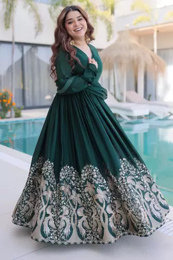 Green rangoli crush sequins multi embroidered flared gown with heavy dupatta