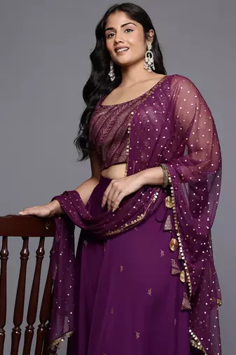 Wine Printed Poly Crepe lehenga choli