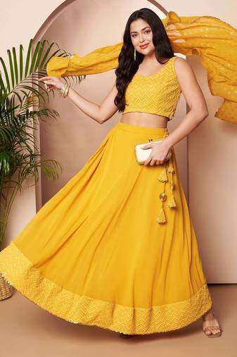 Mustard Embroidered Poly Georgette lehenga choli