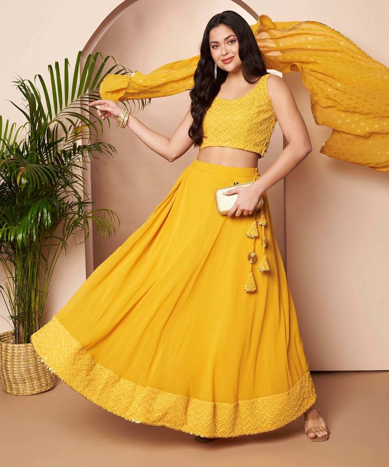 Mustard Embroidered Poly Georgette lehenga choli