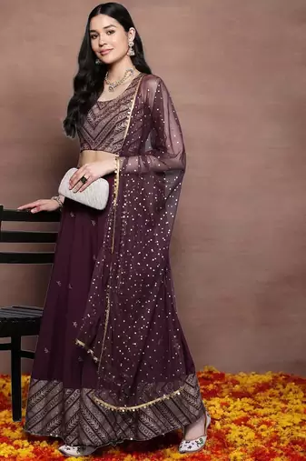 Wine Printed Poly Crepe lehenga choli