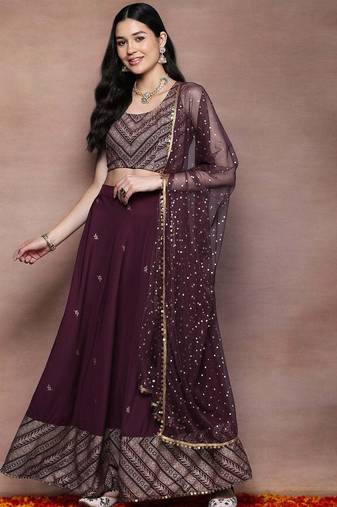 Wine Printed Poly Crepe lehenga choli