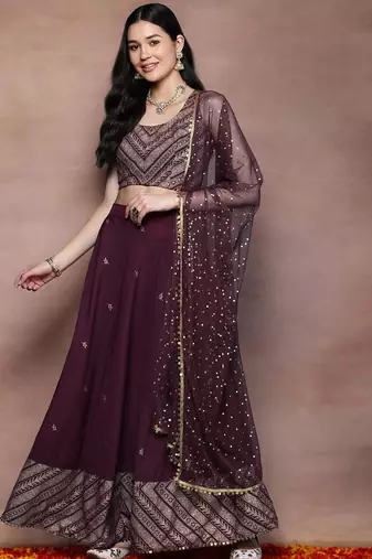 Wine Printed Poly Crepe lehenga choli