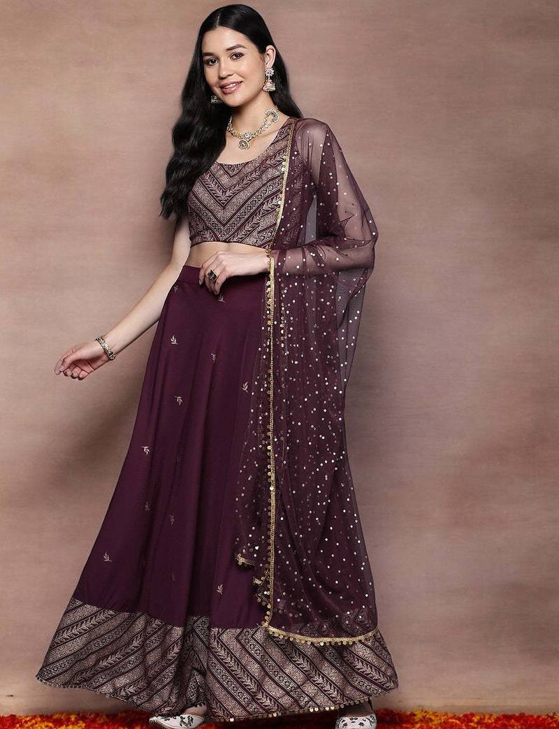 Wine Printed Poly Crepe lehenga choli