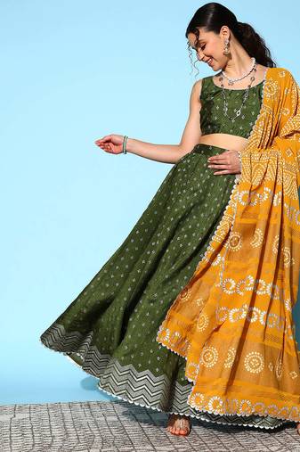 Dark Green Printed Art Silk lehenga choli