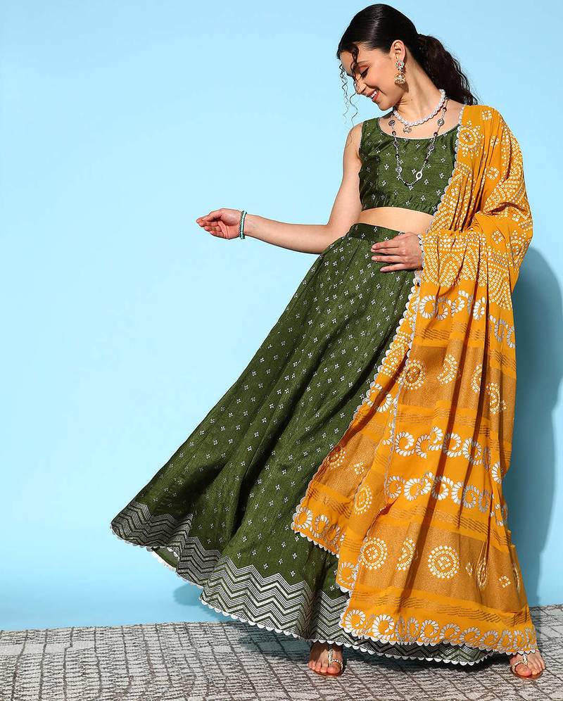 Dark Green Printed Art Silk lehenga choli
